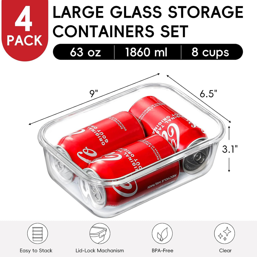 4 Pack 8 Cups/ 63oz Large Glass Storage Containers with Lids, Meal Prep Conta...
