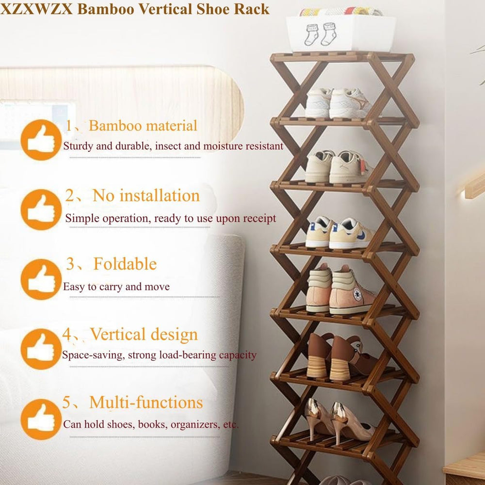 7 Tier Foldable Shoe Rack, Bamboo Vertical Shoe Organizer Tall for Multifunct...