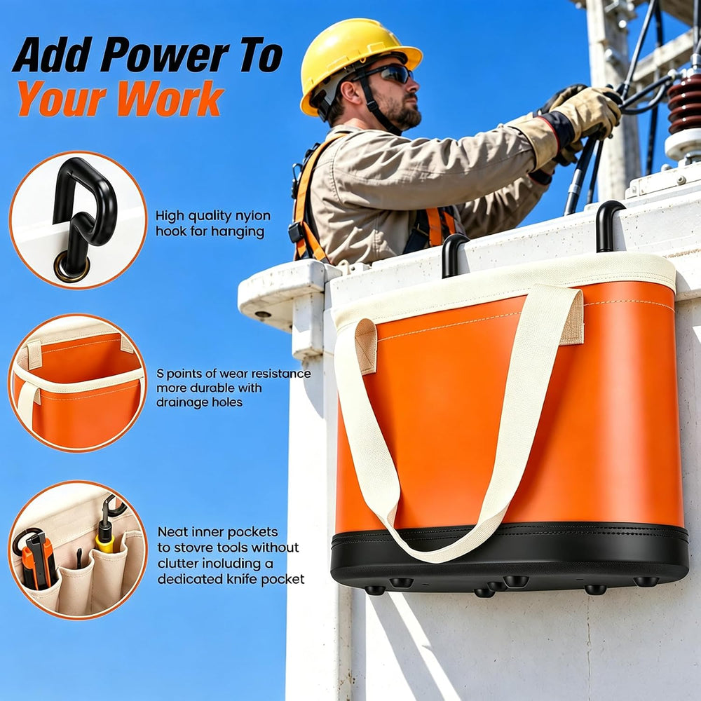 Oval Bucket Tool Organizer with 2 Hooks, 14 Pockets, Lineman