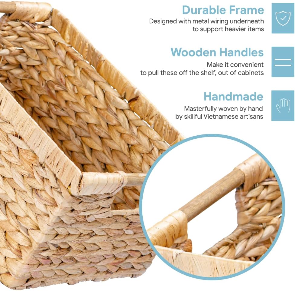 VATIMA Large Rectangular Wicker Basket with Wooden Handles for Shelves and St...