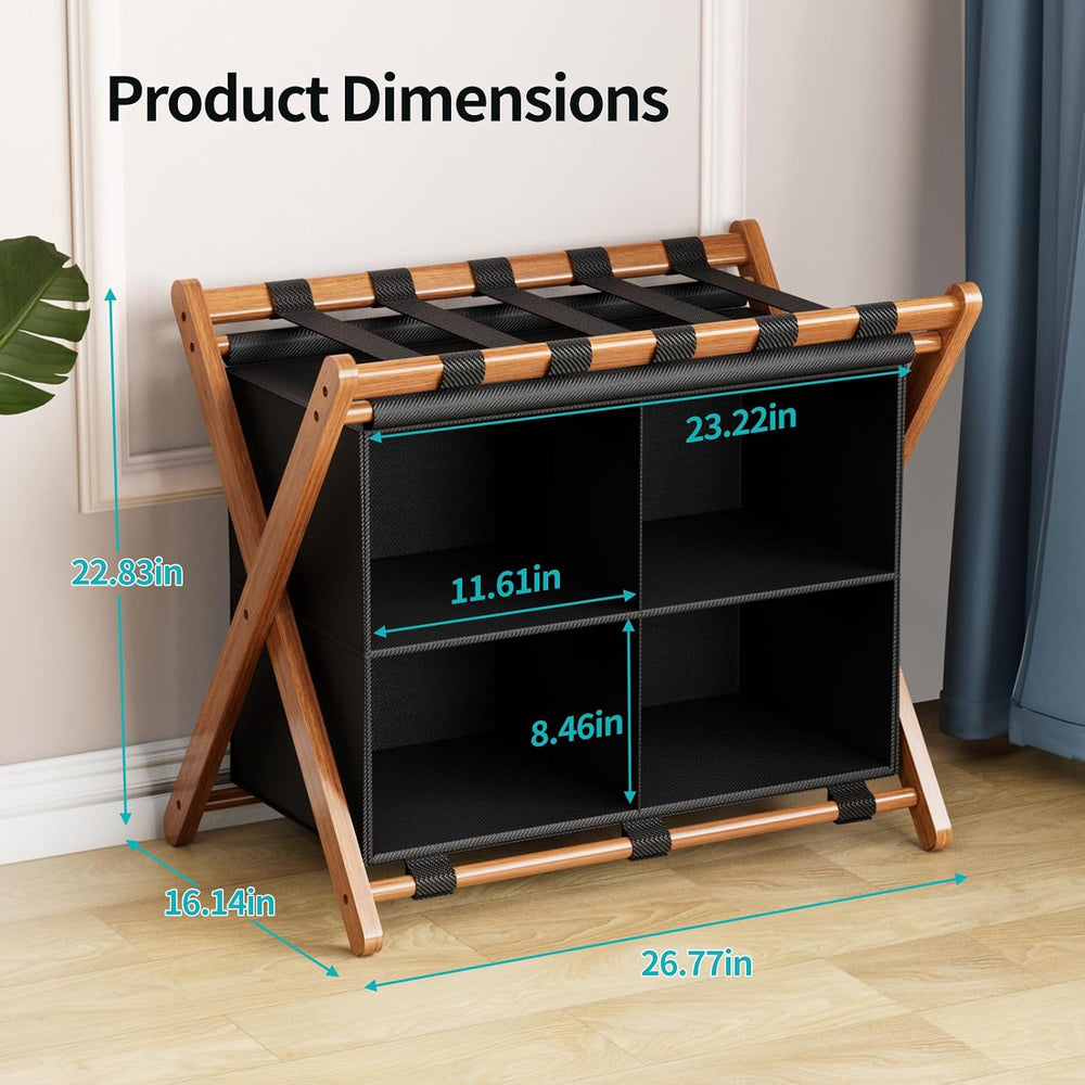 Bamboo Luggage Rack with 4 Storage Compartments, Foldable Suitcase Stand for ...