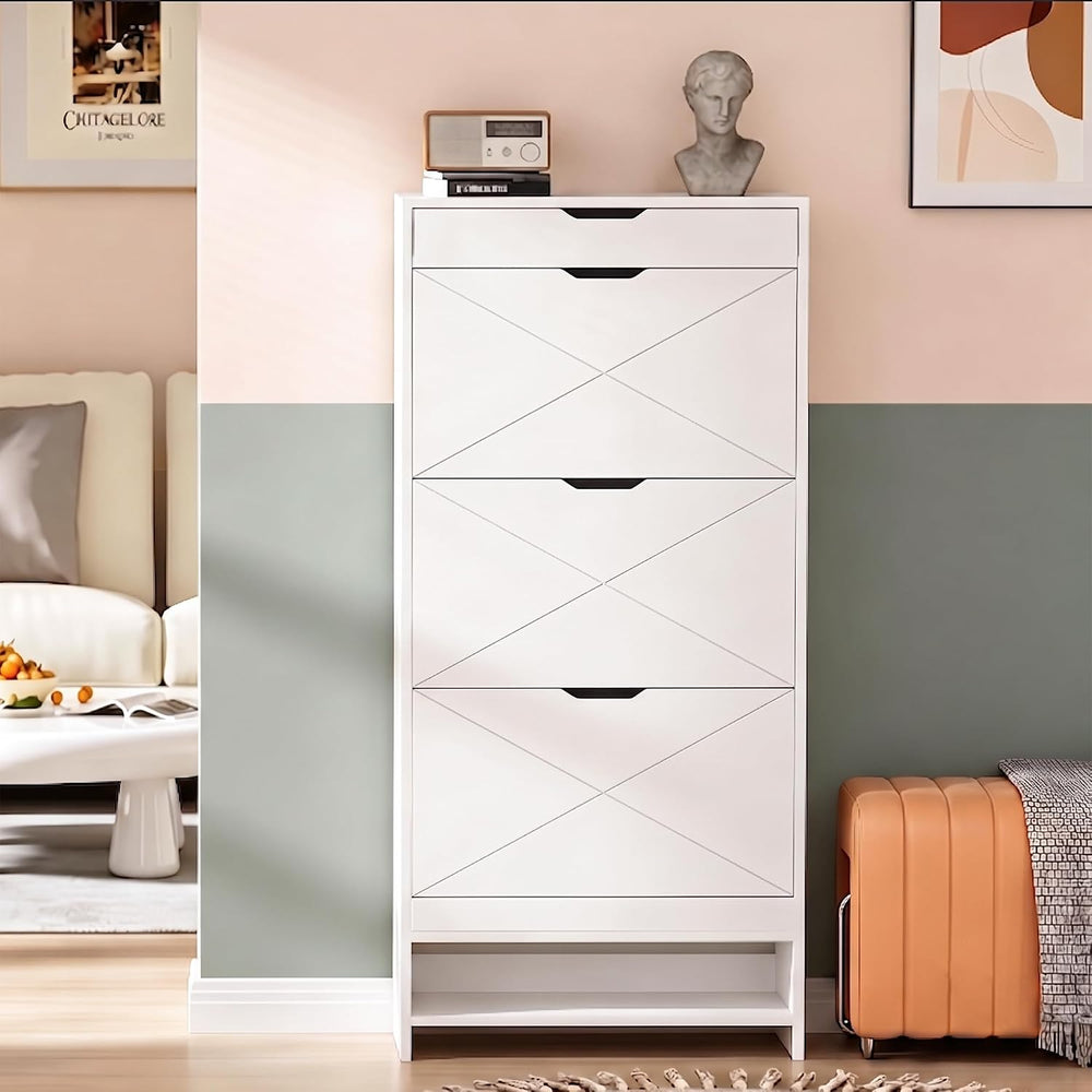 Slim White Shoe Cabinet with 3 Flip Drawers & X-Design for Entryway (21 P...