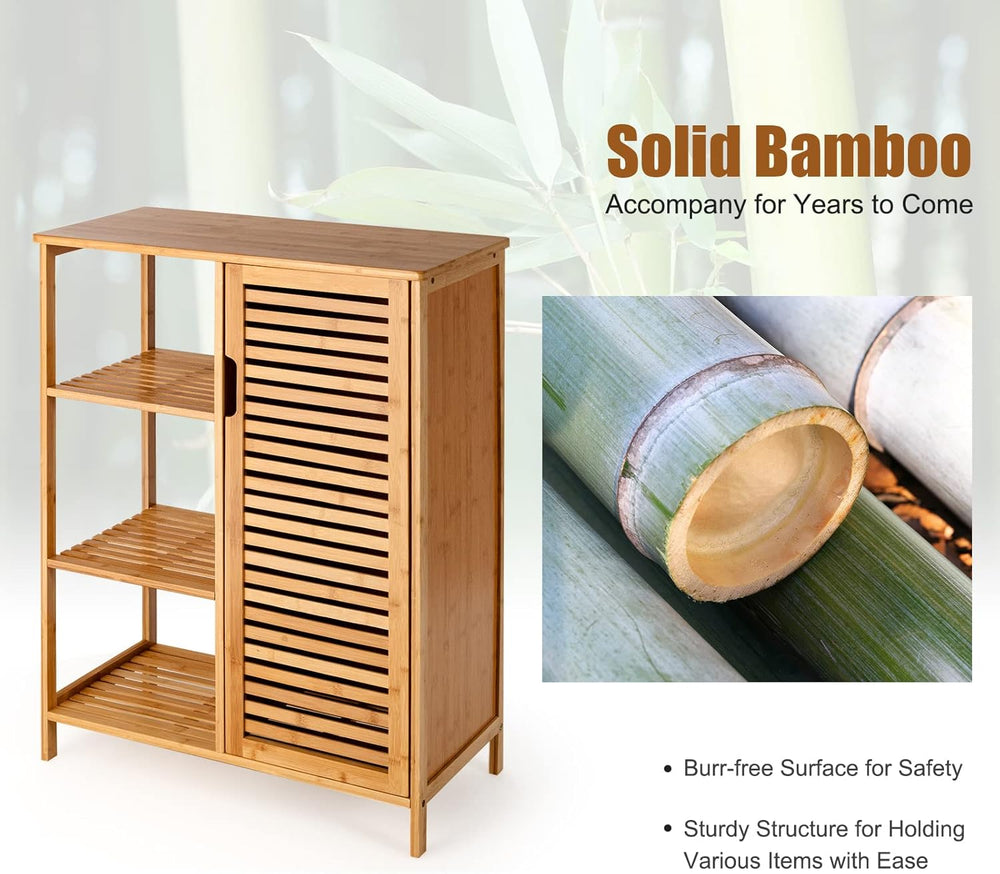 Tangkula Bamboo Bathroom Floor Cabinet, Storage Cabinet with Shutter Door and...