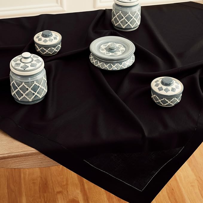 Solino Home Black Linen Tablecloth 52 x 52 Inch - 100% Pure Linen Square Tabl...