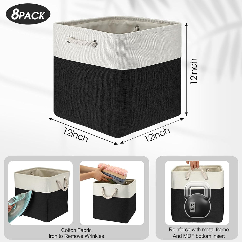 meekoo 8 Pack Fabric Storage Bins Baskets, 12 x 12 x 12 in, Black White