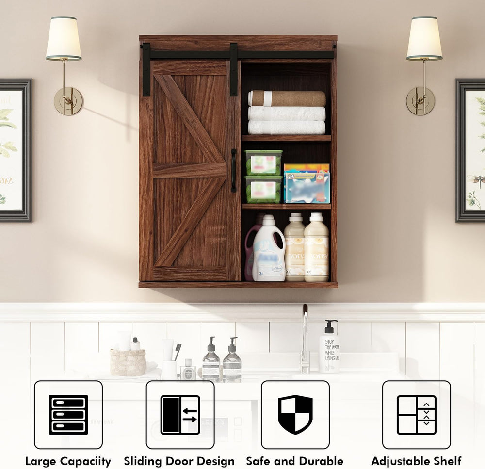 RUSTOWN Farmhouse Bathroom Wall Cabinet with Sliding Barn Door