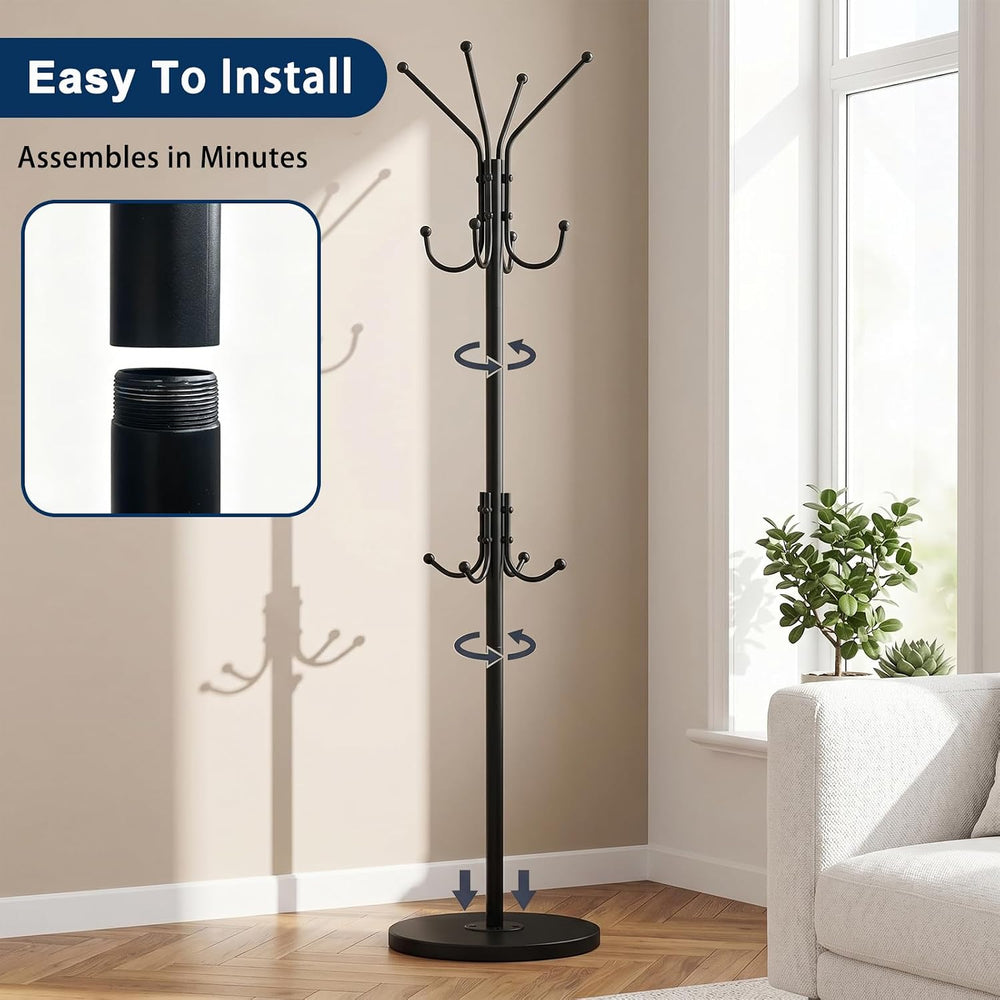 Freestanding Coat Rack, 12 Hook, Black Coat Stand with Wood Base