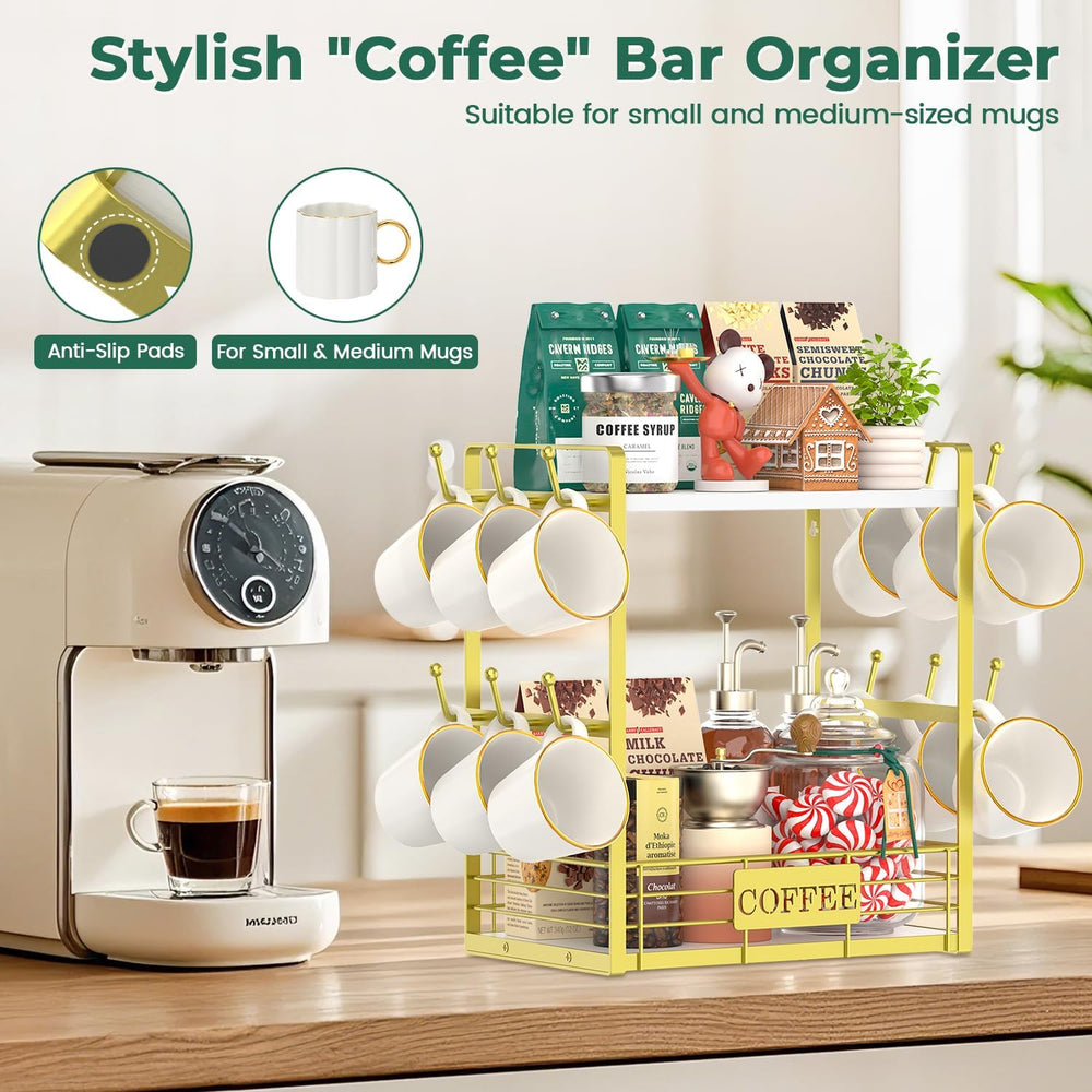 Coffee Mug Cup Holder Tree Bar Station Organizer, 2 Tier Gold