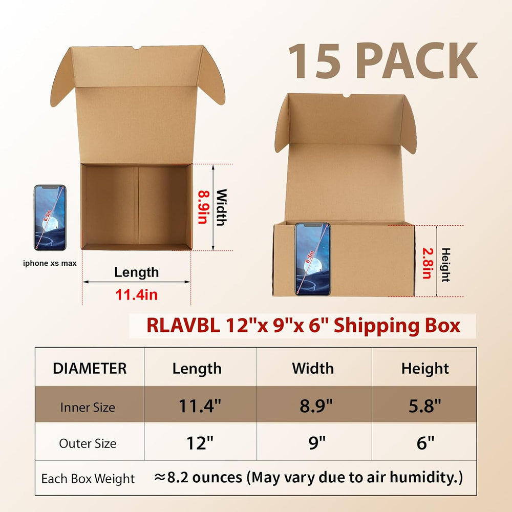 RLAVBL 12x9x6 Shipping Boxes Set of 15, Brown Corrugated Cardboard Mailer Box...