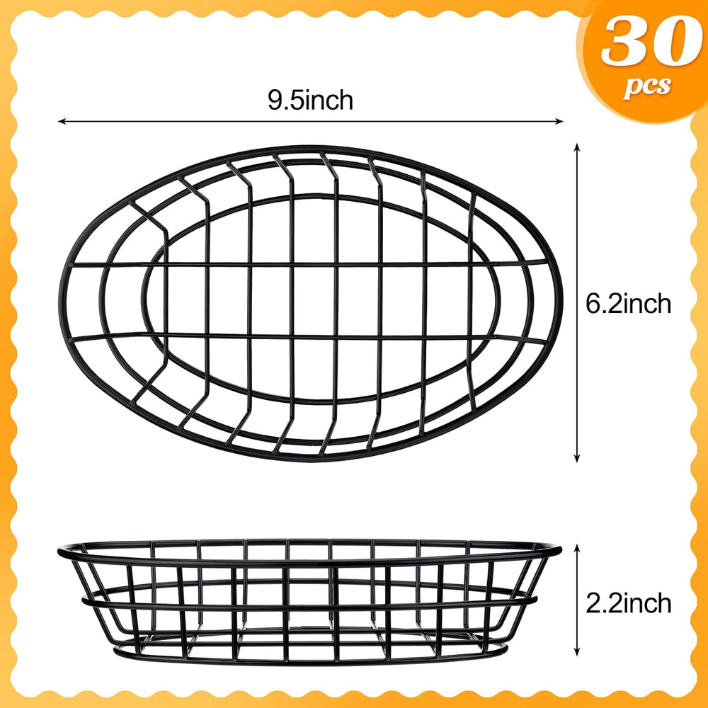 30 Pcs Black Wire Bread Basket 9.5 x 6.2 x 2.2 Inch Oval Metal Dinner Roll Ba...