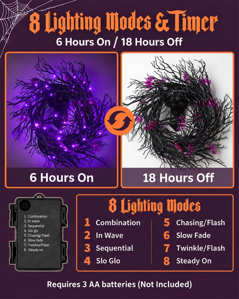 Halloween Twig Garland Decoration with 66 Purple LED Lights, 9 FT