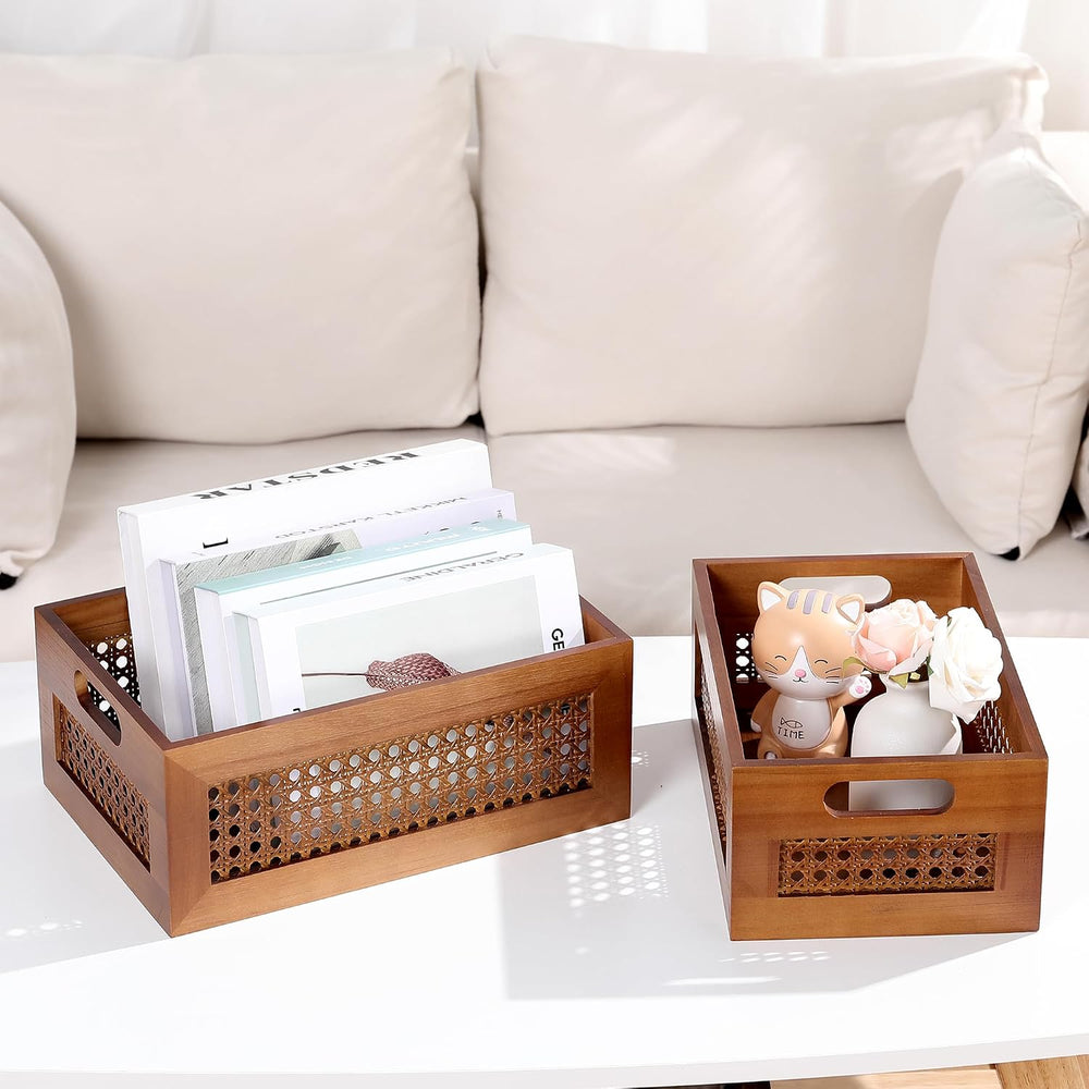 Rattan Wooden Box Set of 4 Handmade Decorative Storage Basket with Handles