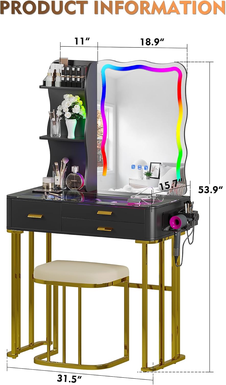 RGB Makeup Vanity Desk with Wireless Charging Station,7 Dynamic and 7 Static ...