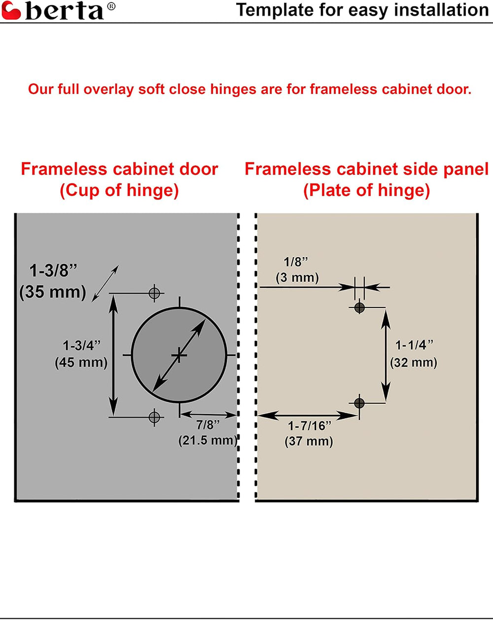 Berta, 50-Pack Full Overlay 110° Soft-Close Frameless Cabinet Hinges