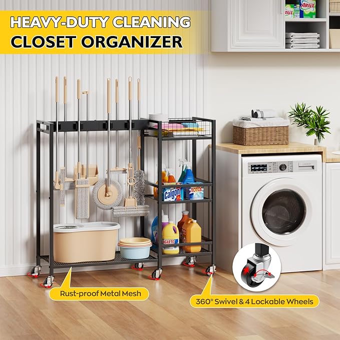 Broom Holder with Cleaning Supplies Organizer, Movable Broom Closet Storage