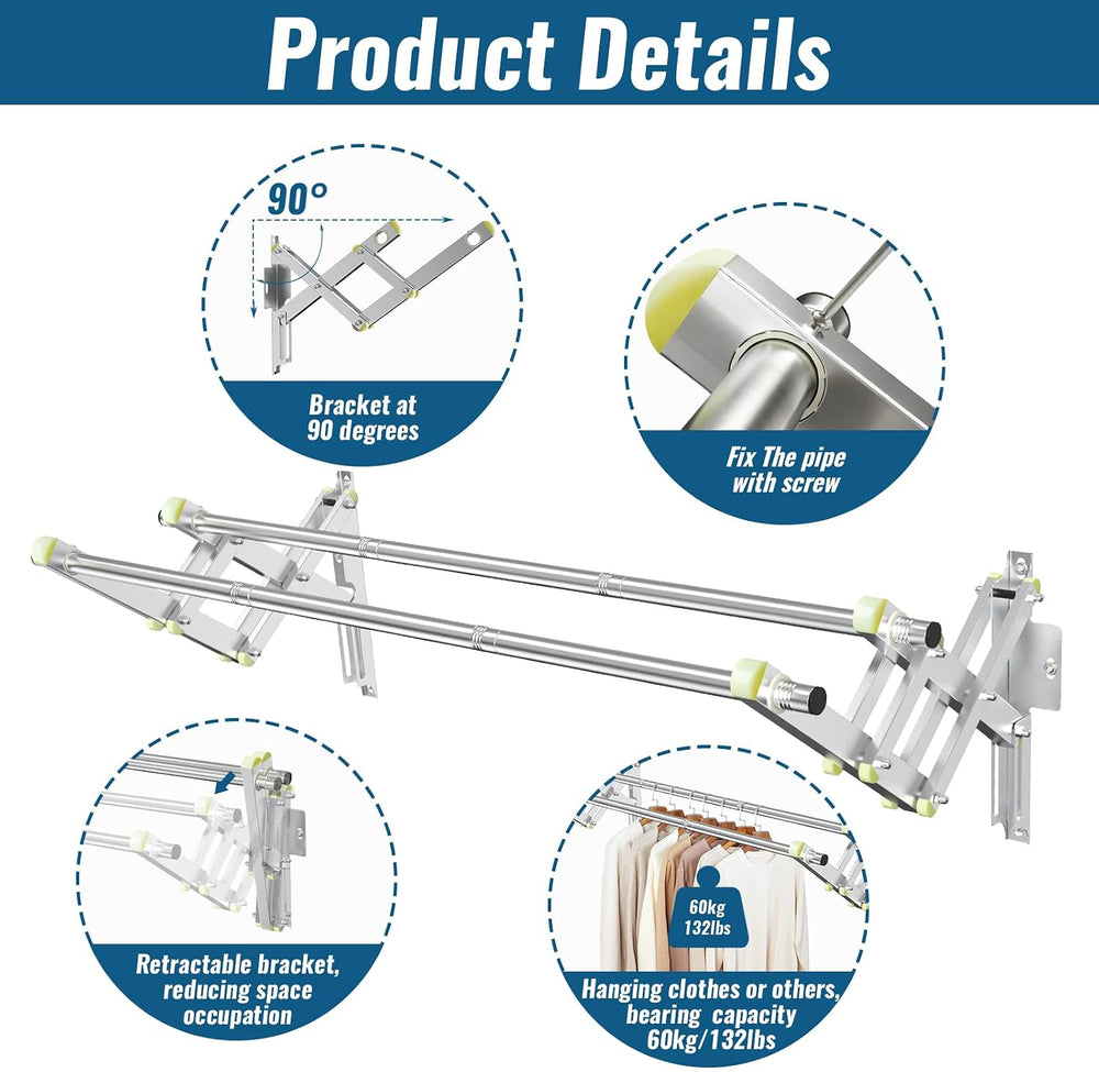 Foldable Wall Mounted Clothes Rack- Double 44'' Long Rod & 2 Thic...