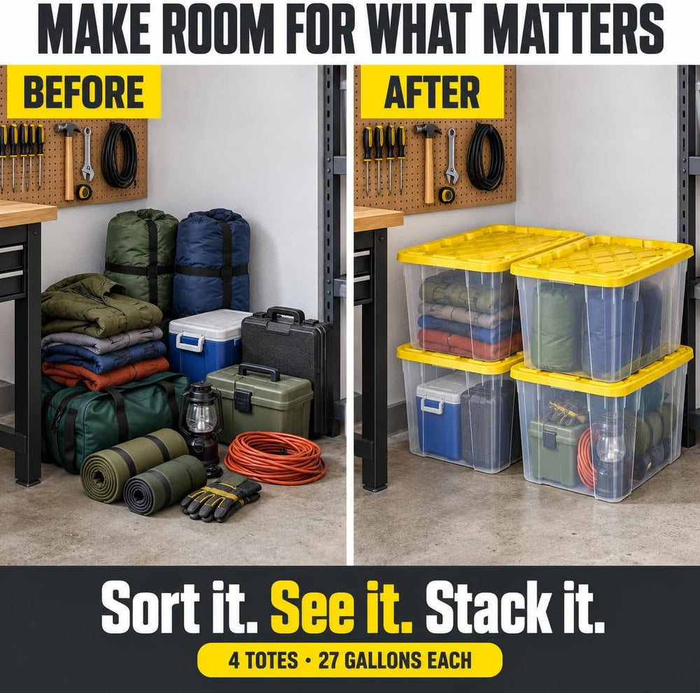 27 Gallon Clear Plastic Industrial Storage Tote, Snap Lid, Yellow, 4 Pack