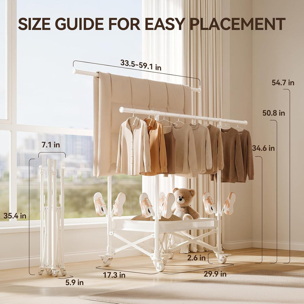 SUJI Foldable Clothes Drying Rack with Wheels & Shoe Rack, White