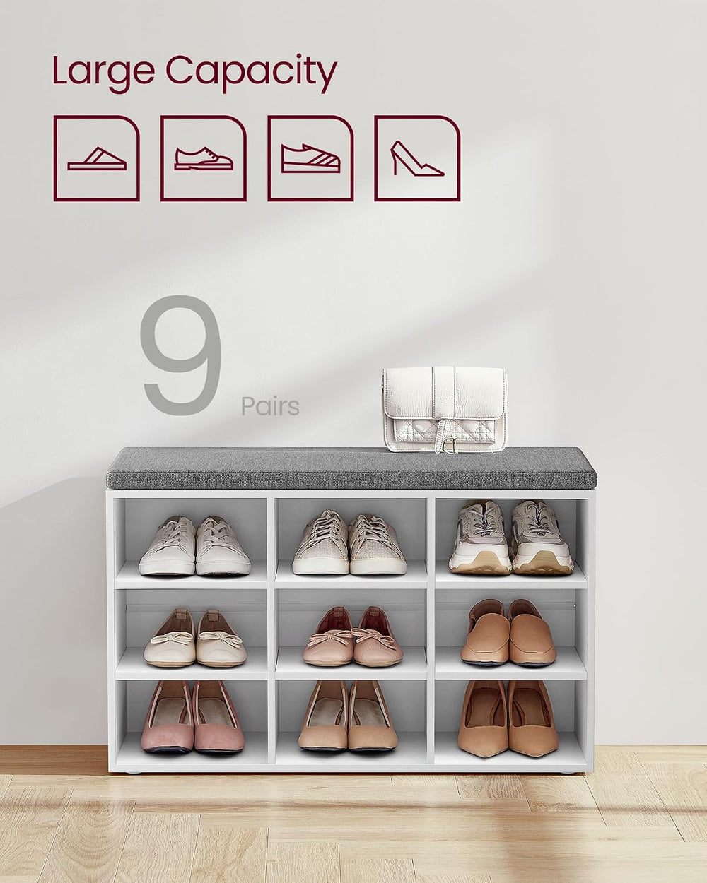VASAGLE Shoe Bench with Cushion, 9 Compartments, 11.9 x 30.9 x 18.9 Inche