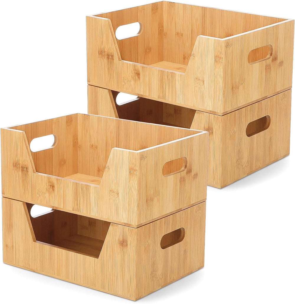 4 Pcs Stackable Bamboo Pantry Storage Bins for Kitchen Storage