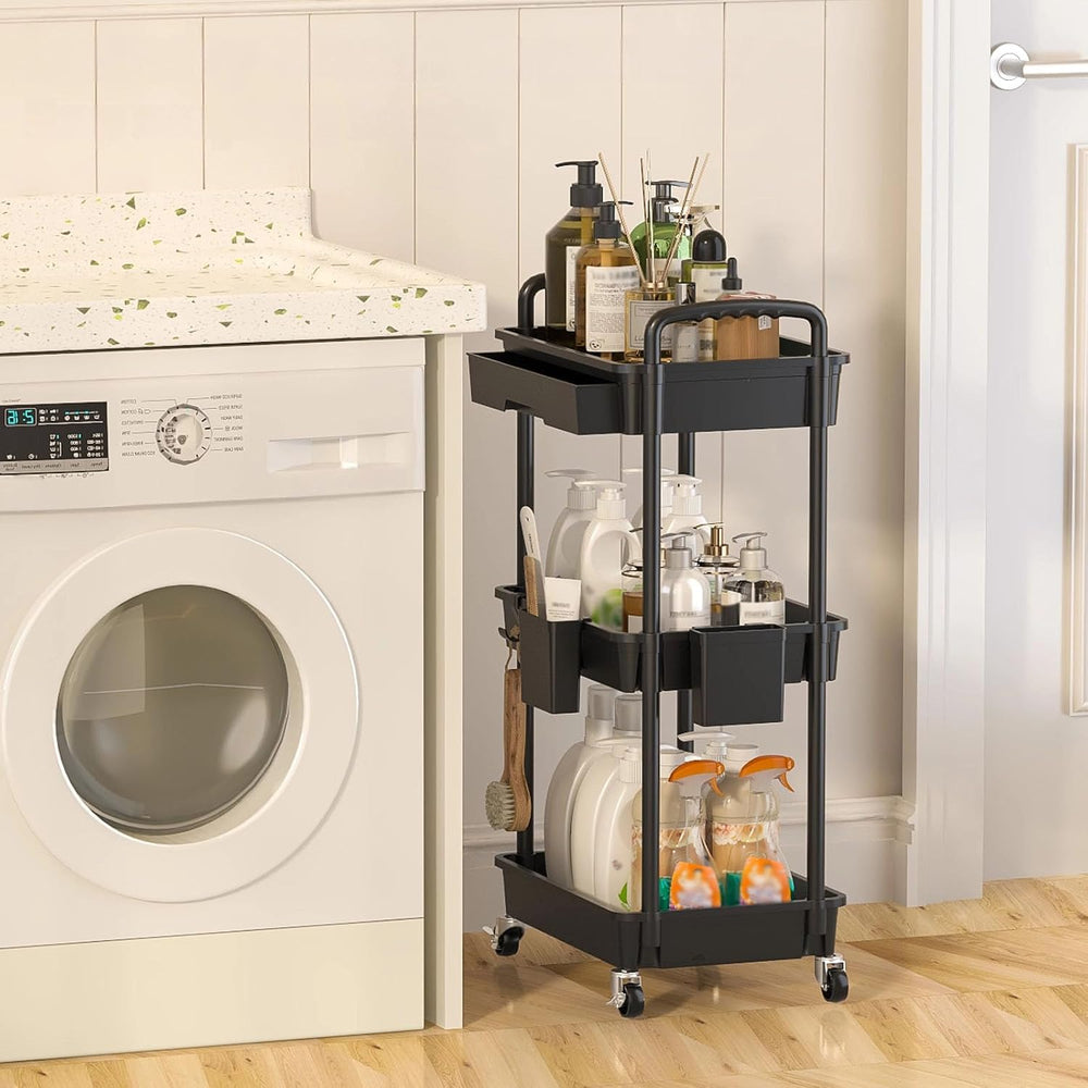 3 Tier Rolling Utility Cart with Drawer, Plastic Storage Organizer Rolling Ca...