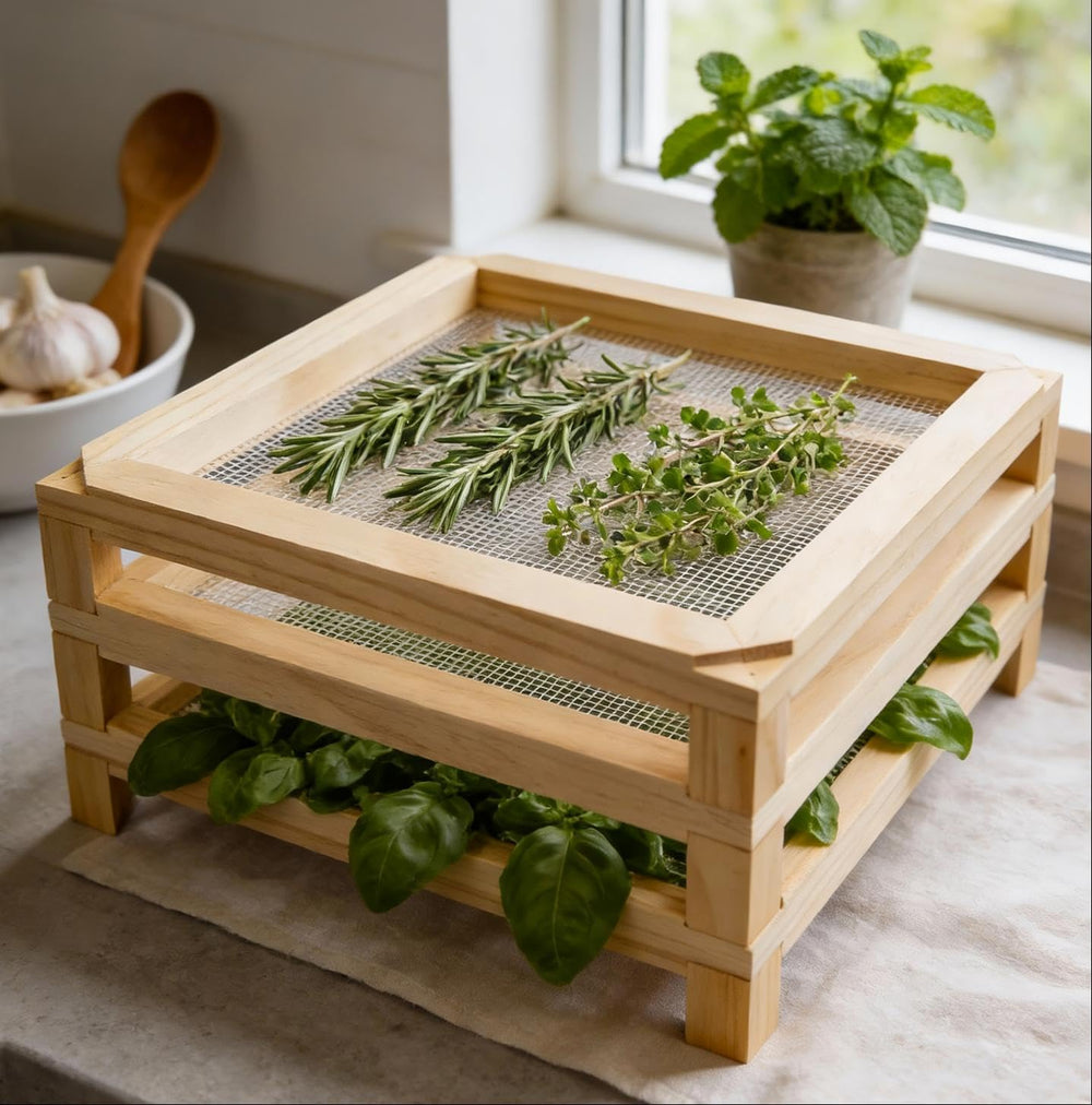 11.8in Square Wooden Herb Drying Rack, Stackable Mesh Countertop Dryer