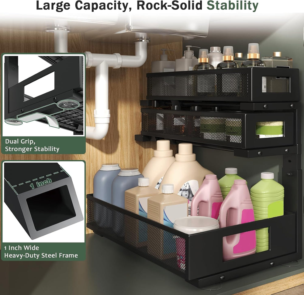 3-Tier Pull Out Under Sink Organizer,2-Pack Heavy Duty Metal Cabinet Organize...
