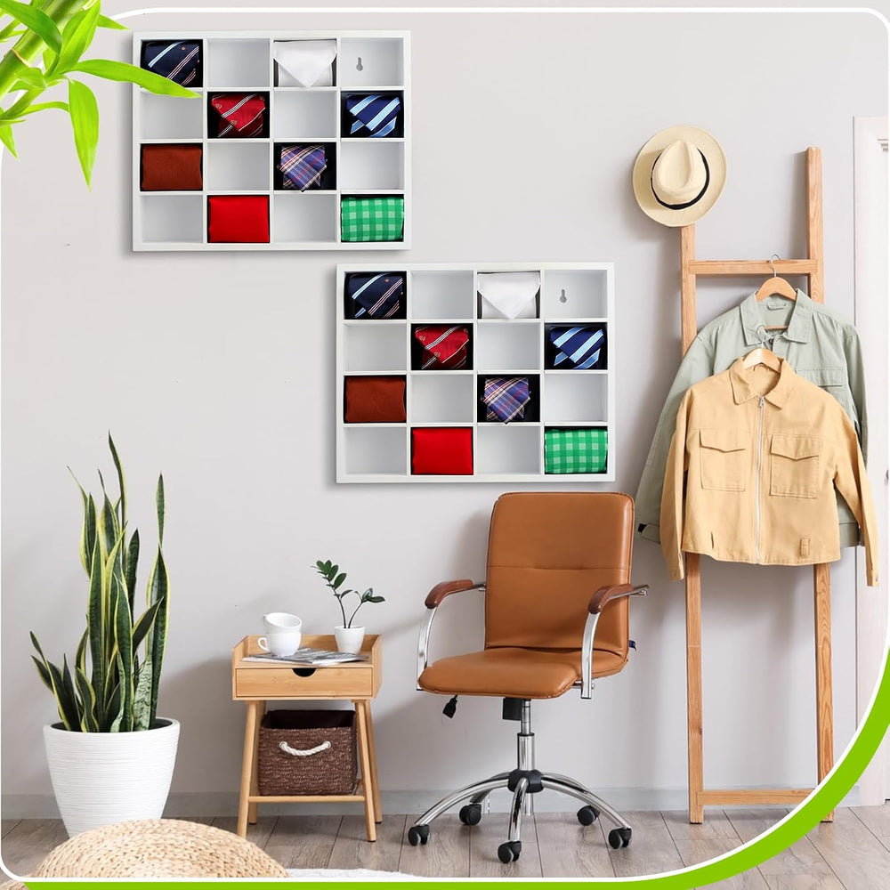 Wesiti 2 Pcs Tie Box Organizer for Men, Wall Mounted Tie Rack, White