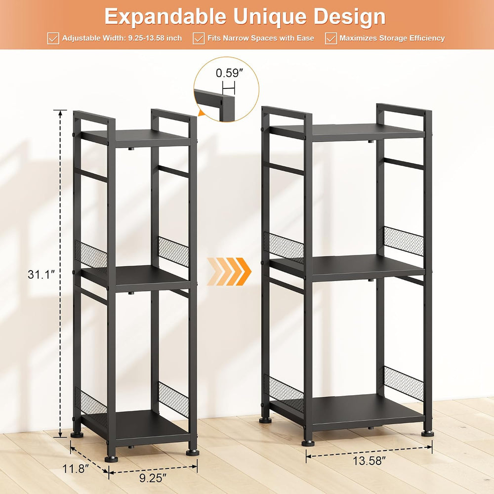 3-Tier-Narrow-Metal-Shelving-Unit, Expandable Bathroom Laundry Shelves