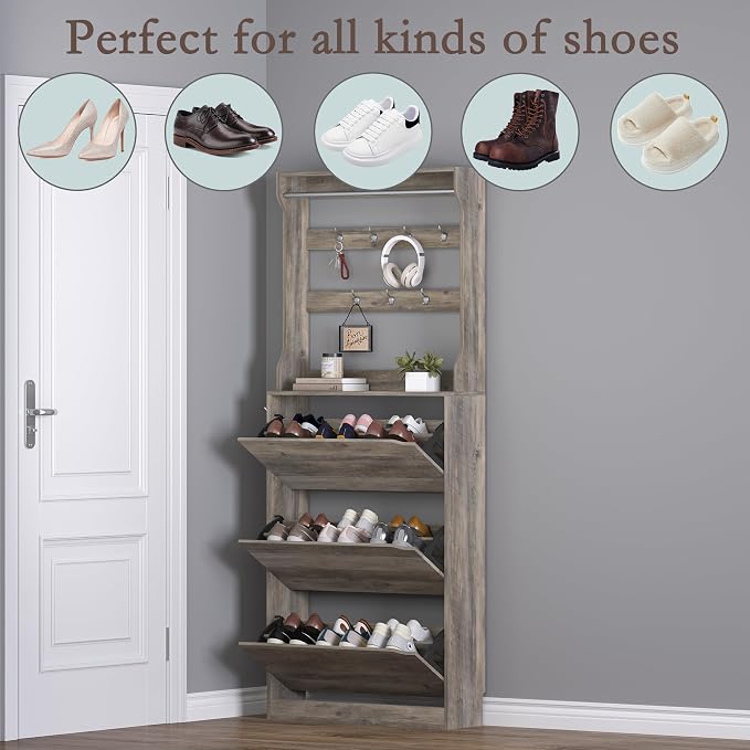 Shoe Cabinet with 3 Flip Drawers & Coat Rack, Narrow Hidden Shoe Storage ...