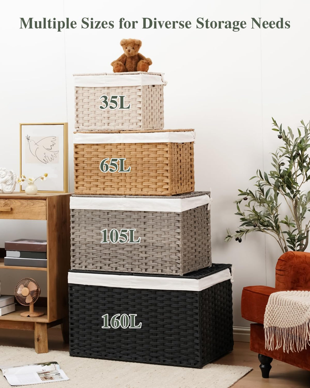 Storage Basket with Lid PE Rattan Woven Storage Bins, 65L Black