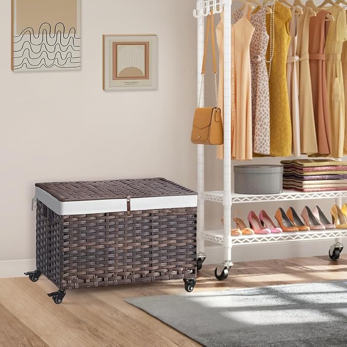Rolling Storage Basket with Lid, 47.6 Gallon Storage Bin with Wheels, Woven