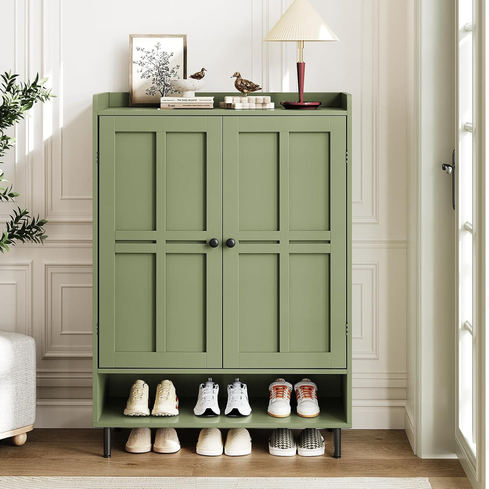 ComfyCorner Shoe Cabinet with Cross Molding Doors, 6-Tier Storage, Green