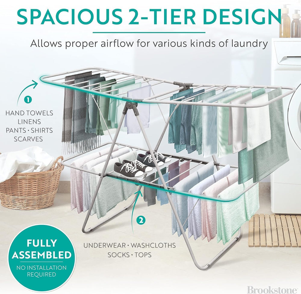 Brookstone 2 Tier Folding Rack - Indoor/Outdoor Collapsible Clothes Dryer Sta...