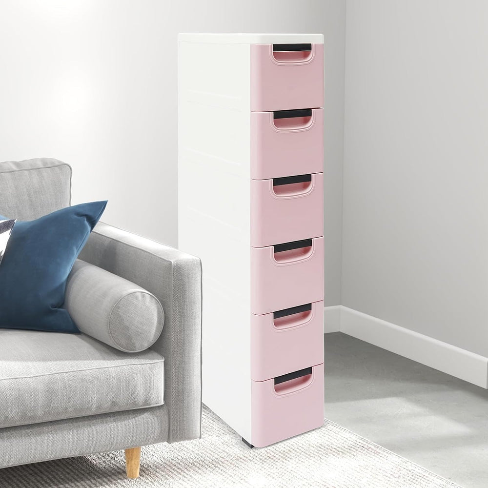 6 Drawers Narrow Slim Plastic Storage Cabinet,Storage Drawer with Wheels,6 Ti...