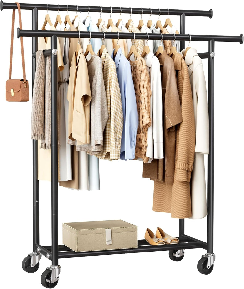 HYSEYY Clothes Rack, Double Rods Rolling Clothing Rack for Hanging Clothes, P...