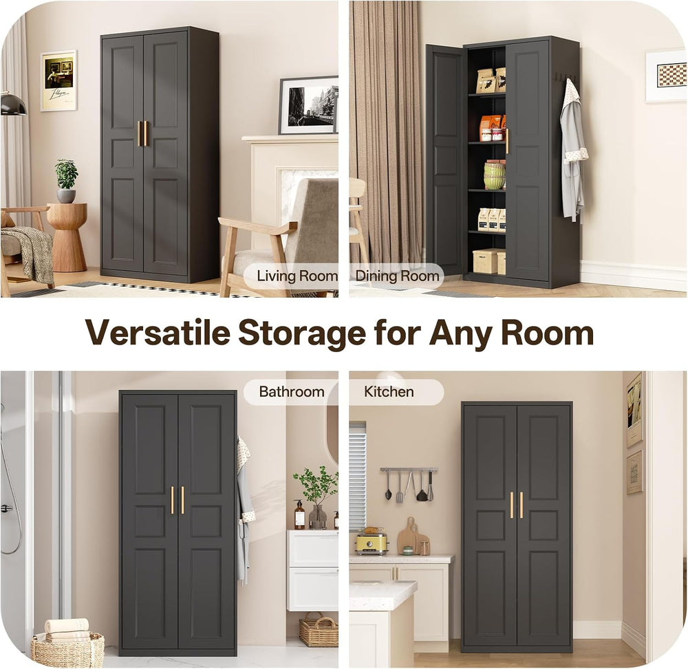 71" Metal Pantry Cabinet, Black Pantry Storage Cabinet with Doors and 4 ...