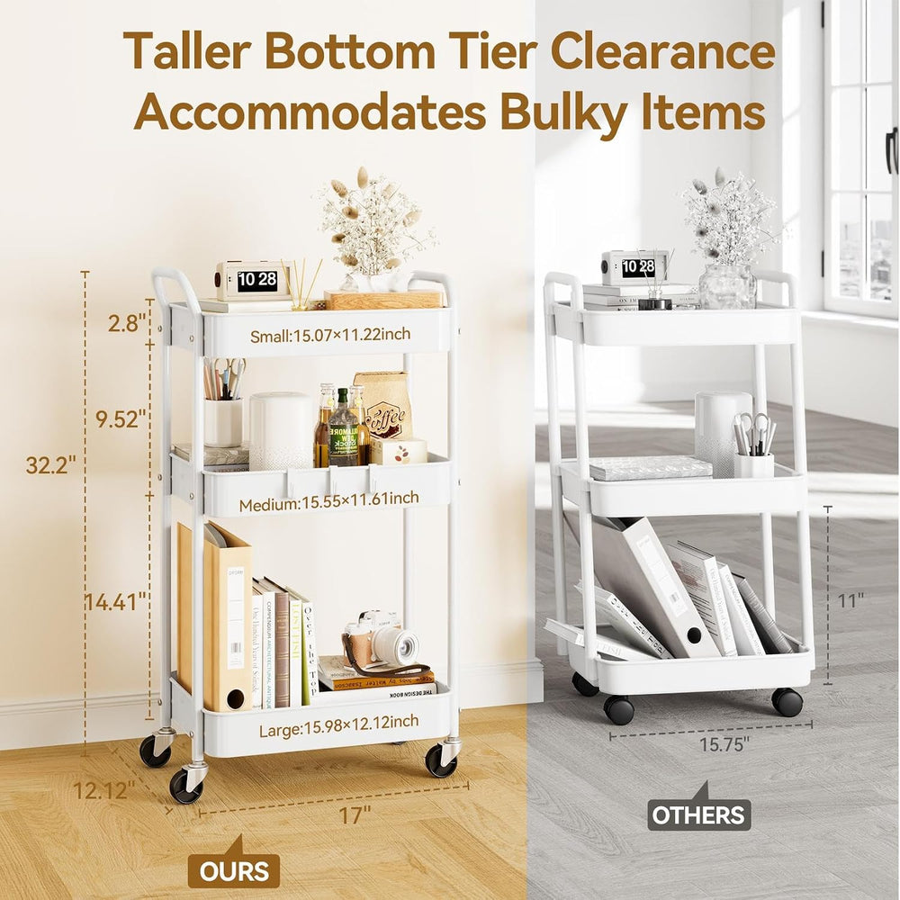 YASONIC 3-Tier Metal Rolling Cart Utility Carts with Wheels White