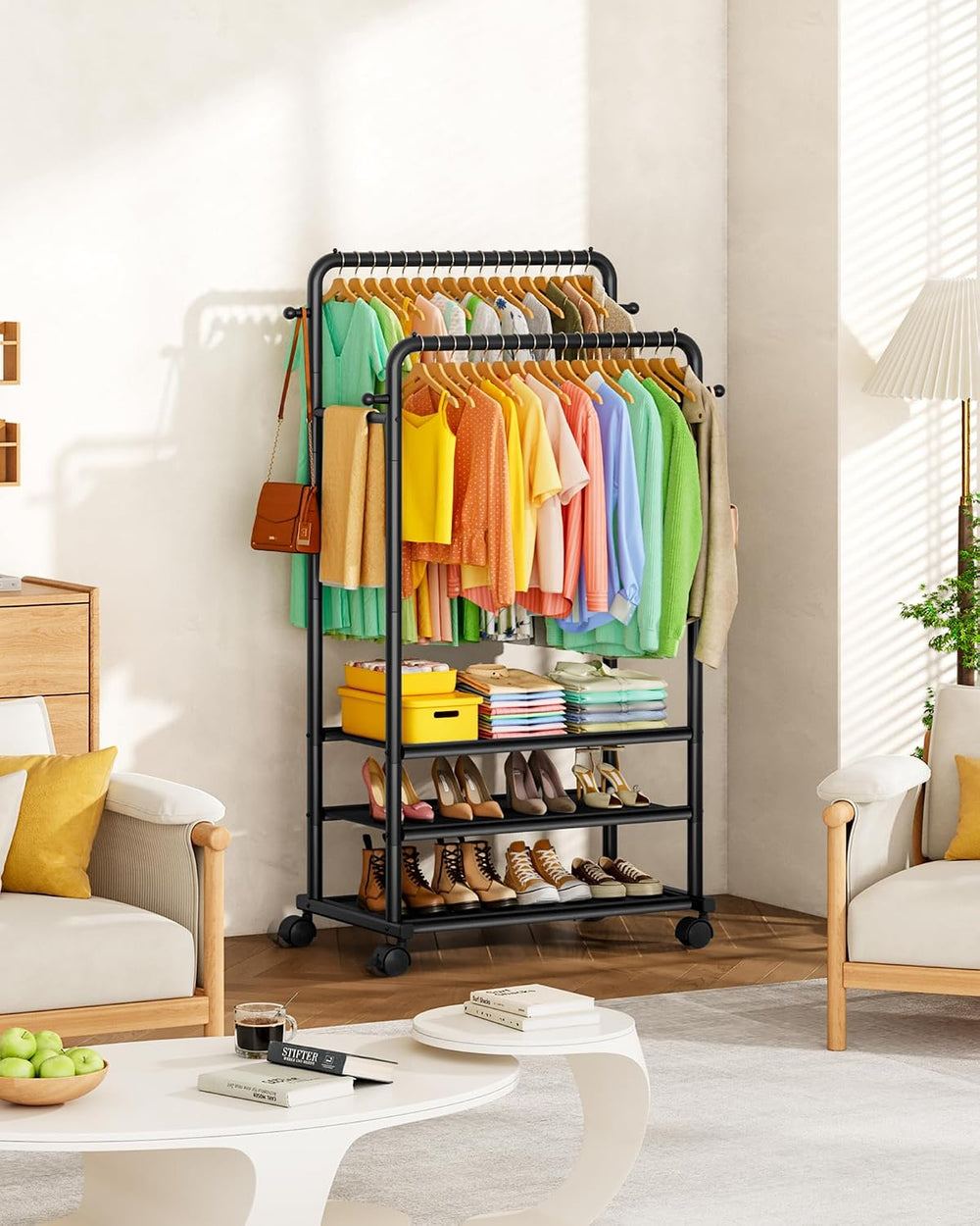 Sakugi Double Rod Clothes Rack with 3-Tier Shelves, 28.7"W x 17"D x...