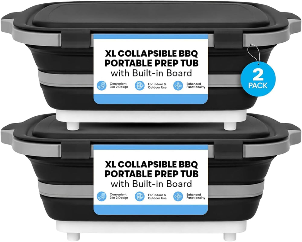 2-Pack XL Collapsible BBQ Prep Tub with Built-in Cutting Board, Lid & Str...
