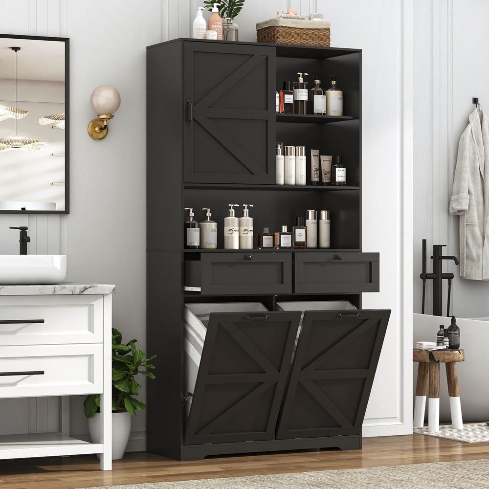 78" Tall Tilt-Out Double Doors Laundry Cabinet Hamper w Hidden Laundry H...