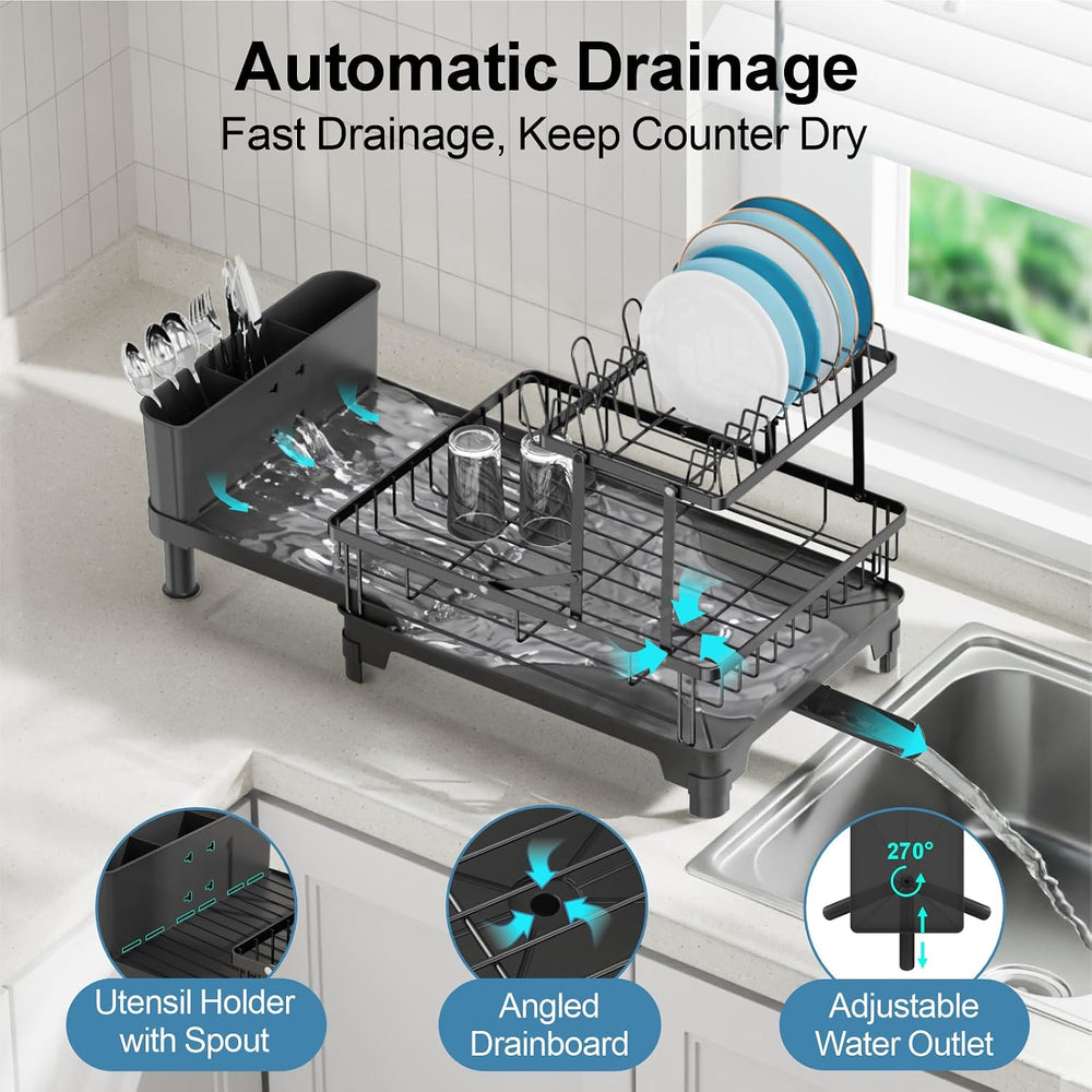 GSlife Large Expandable 2 Tier Dish Drying Rack for Kitchen Counter, Black