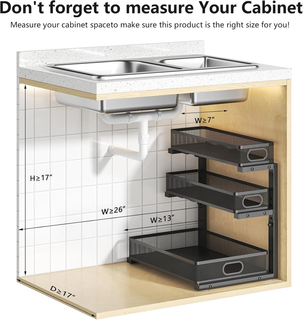 3-Tier Under Sink Organizer, Slide Out Drawer Rack, Black, 1 Pack