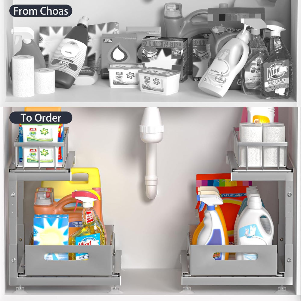 2-Pack L-Shaped Under Sink Organizer, 2-Tier Pull-out Cabinet Rack