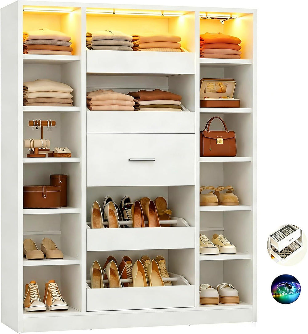 Besiost 40" Closet System with Lights, Wood Closet Organizer with 5 Drawers