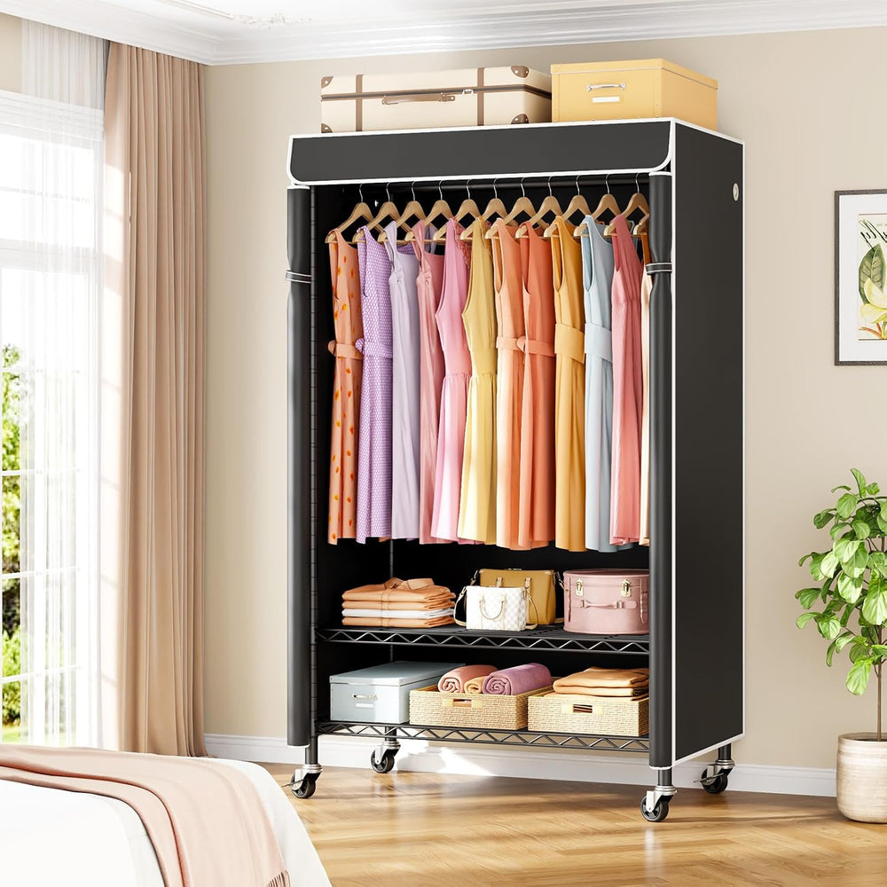 ULIFHOME P6C Rolling Clothes Rack with Cover, 3-Tier Covered Clothing Rack