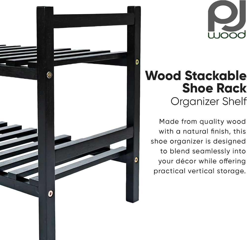 PJ Wood - Wooden 2 Tier Shoe Rack - 6 Pair Storage, Black