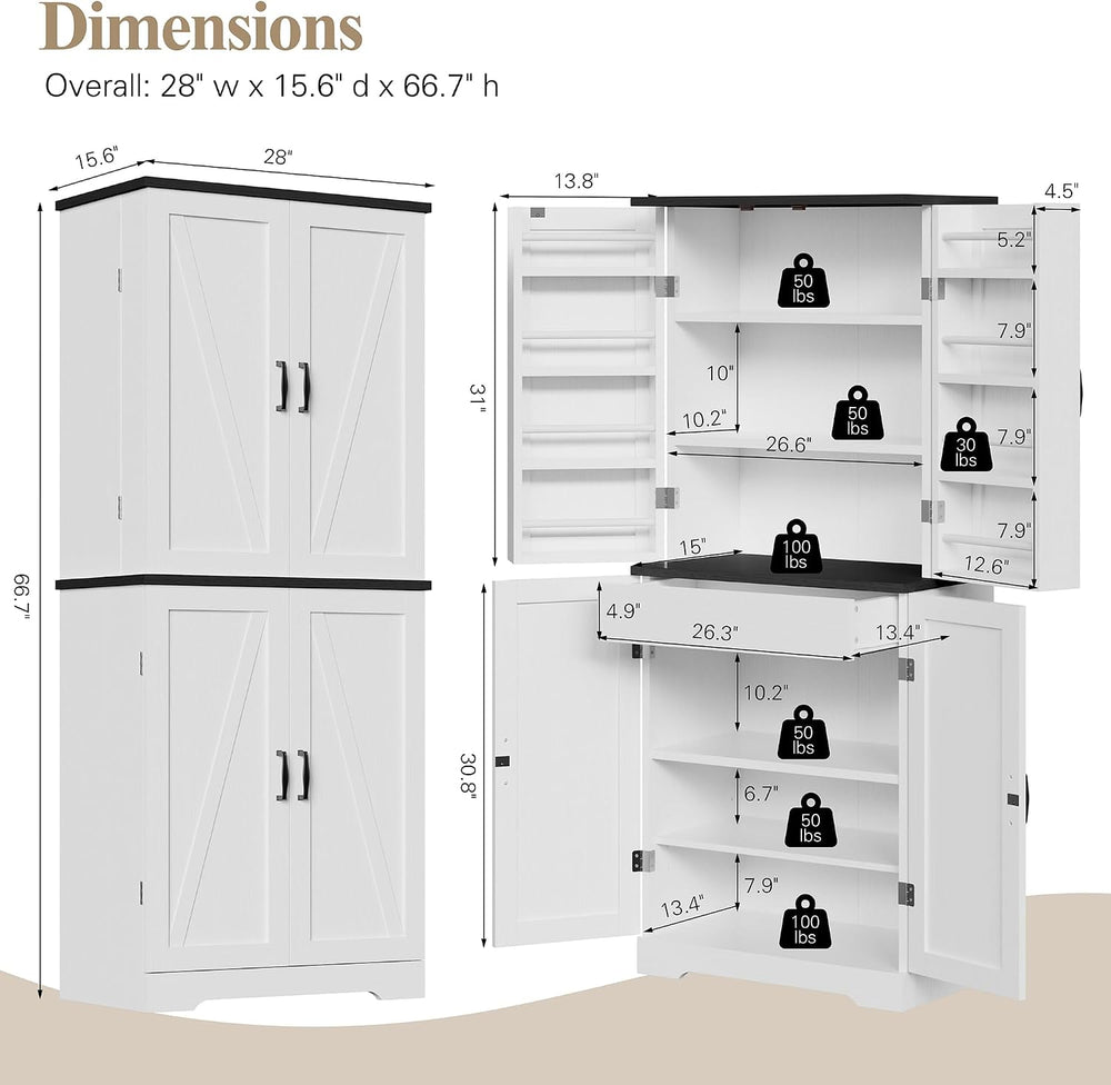 Vongrasig Kitchen Pantry Storage Cabinet with Barn Doors, Drawer & Shelves