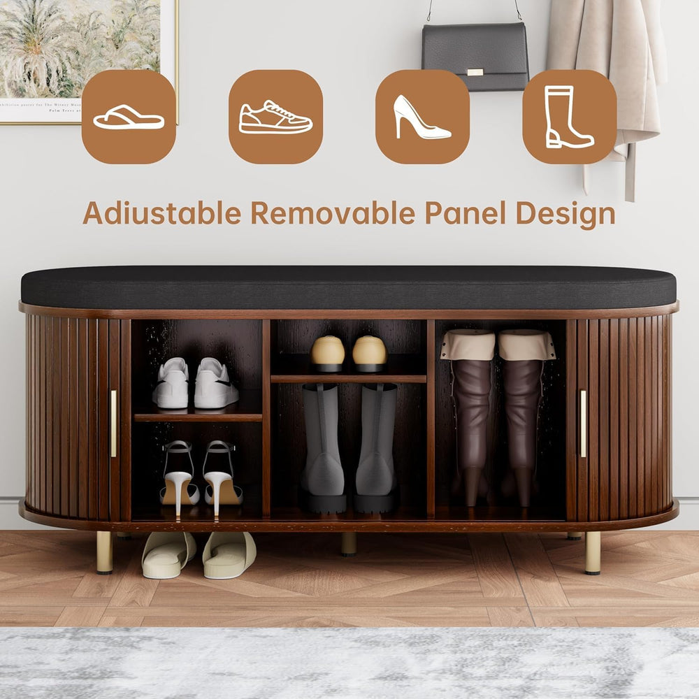 Entryway Bench with Storage: 43.31" Wooden Bedroom Shoe Bench with Thick...