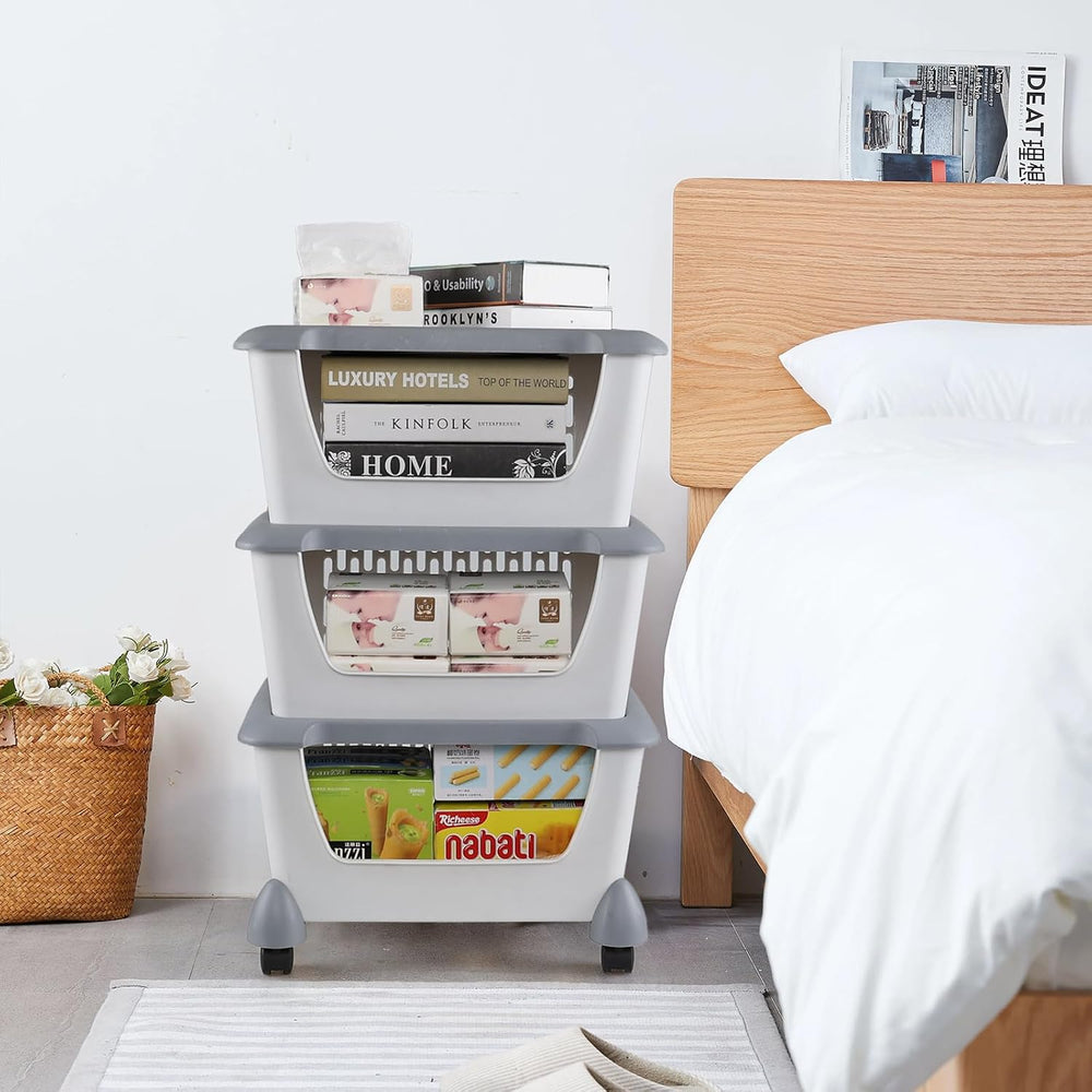 3 Tier Plastic Stackable Storage Baskets with Wheels, Rolling Stackable Baske...
